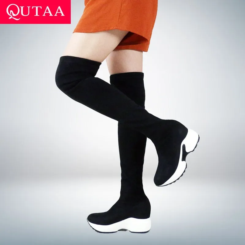 QUTAA Stretch Fabrics Over The Knee Boots Height Increasing Round Toe