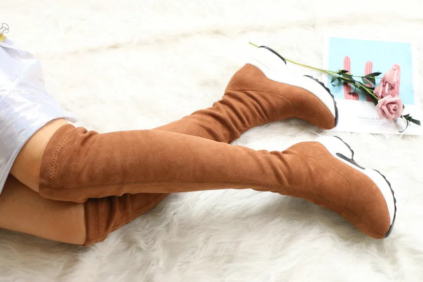 QUTAA Stretch Fabrics Over The Knee Boots Height Increasing Round Toe