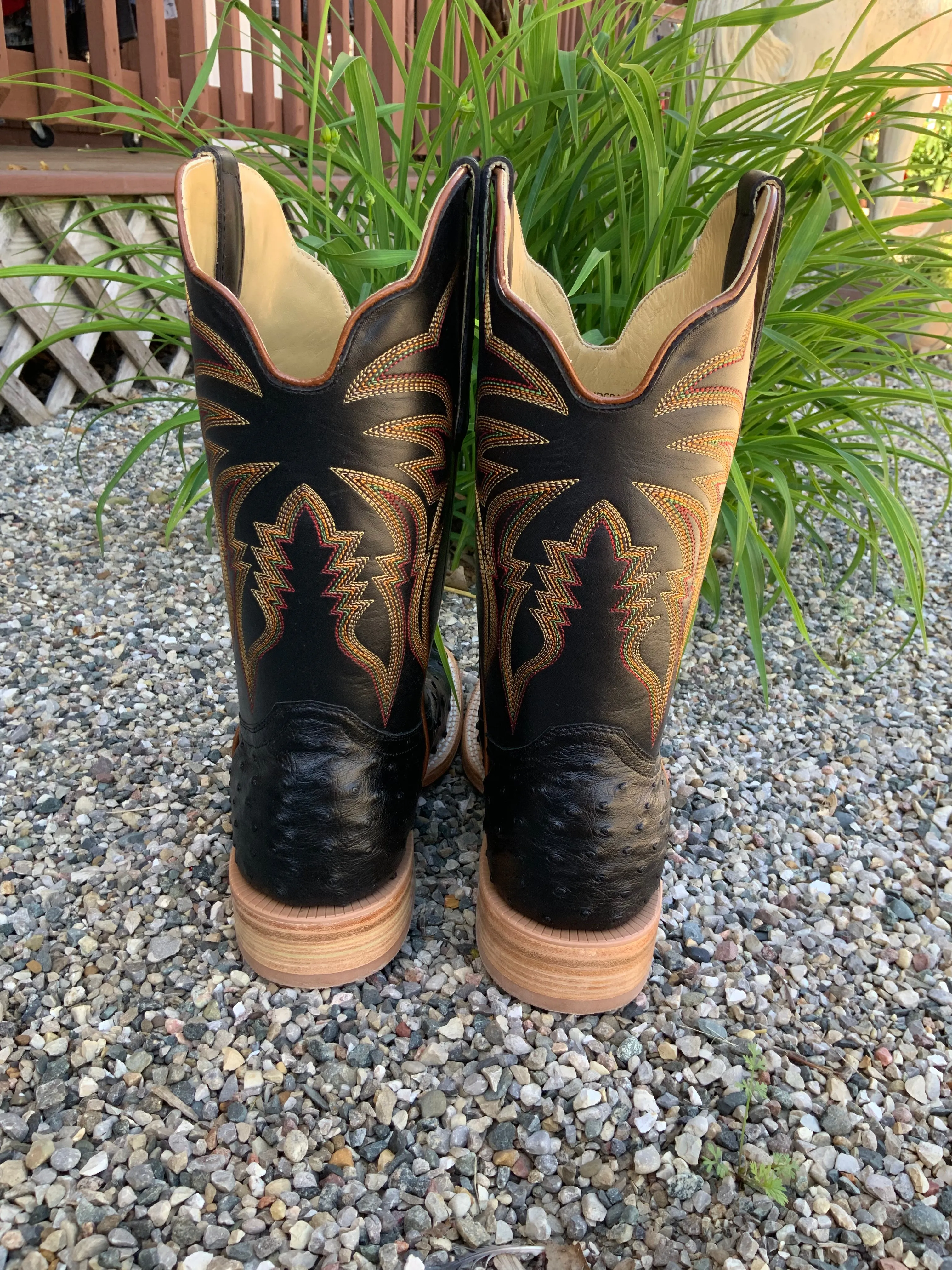 R. Watson Men's Black Full Quill Ostrich Wide Square Toe Western Cowboy Boots RW4507-2