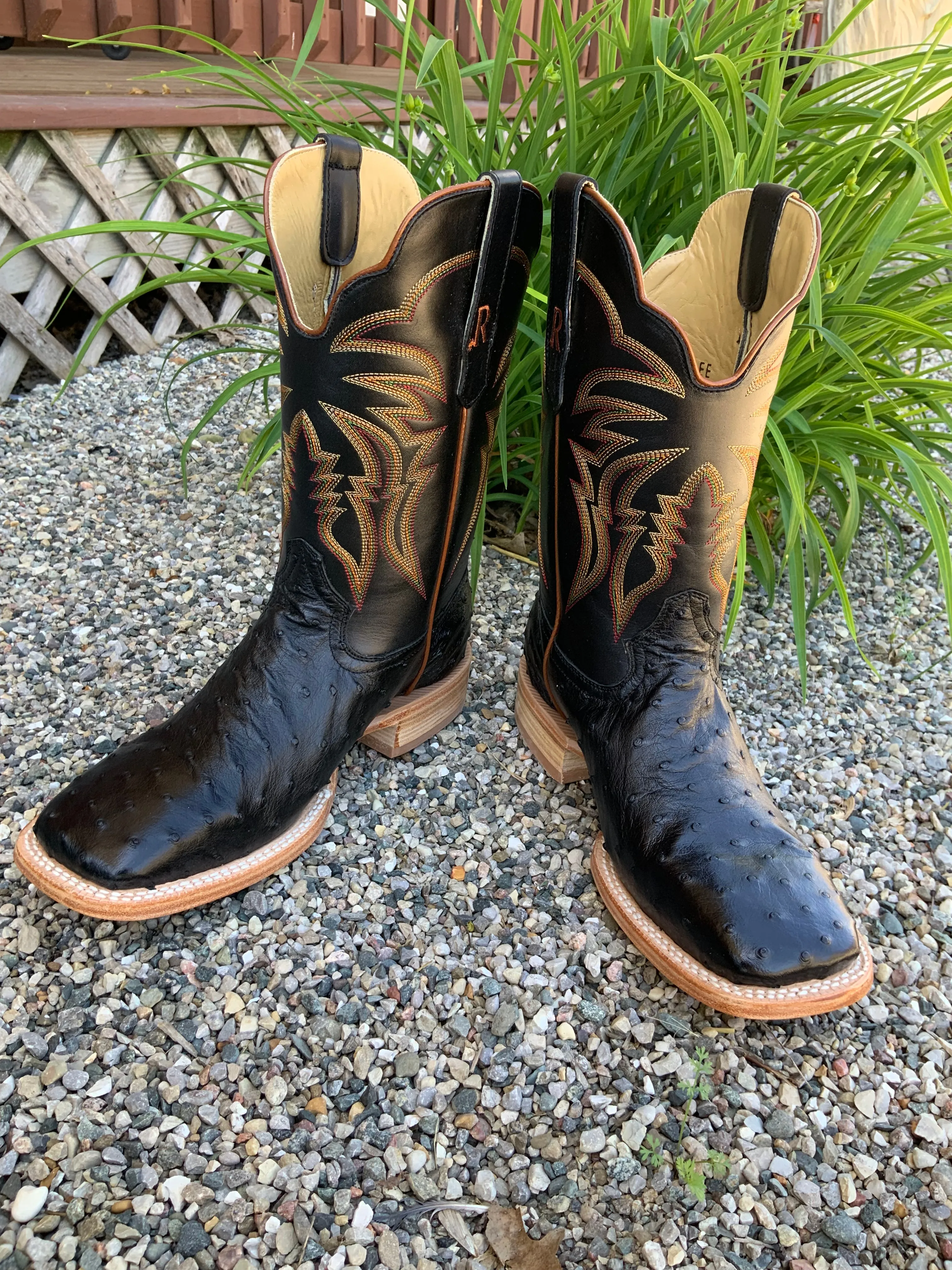 R. Watson Men's Black Full Quill Ostrich Wide Square Toe Western Cowboy Boots RW4507-2