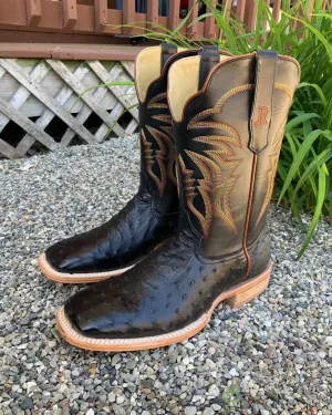 R. Watson Men's Black Full Quill Ostrich Wide Square Toe Western Cowboy Boots RW4507-2