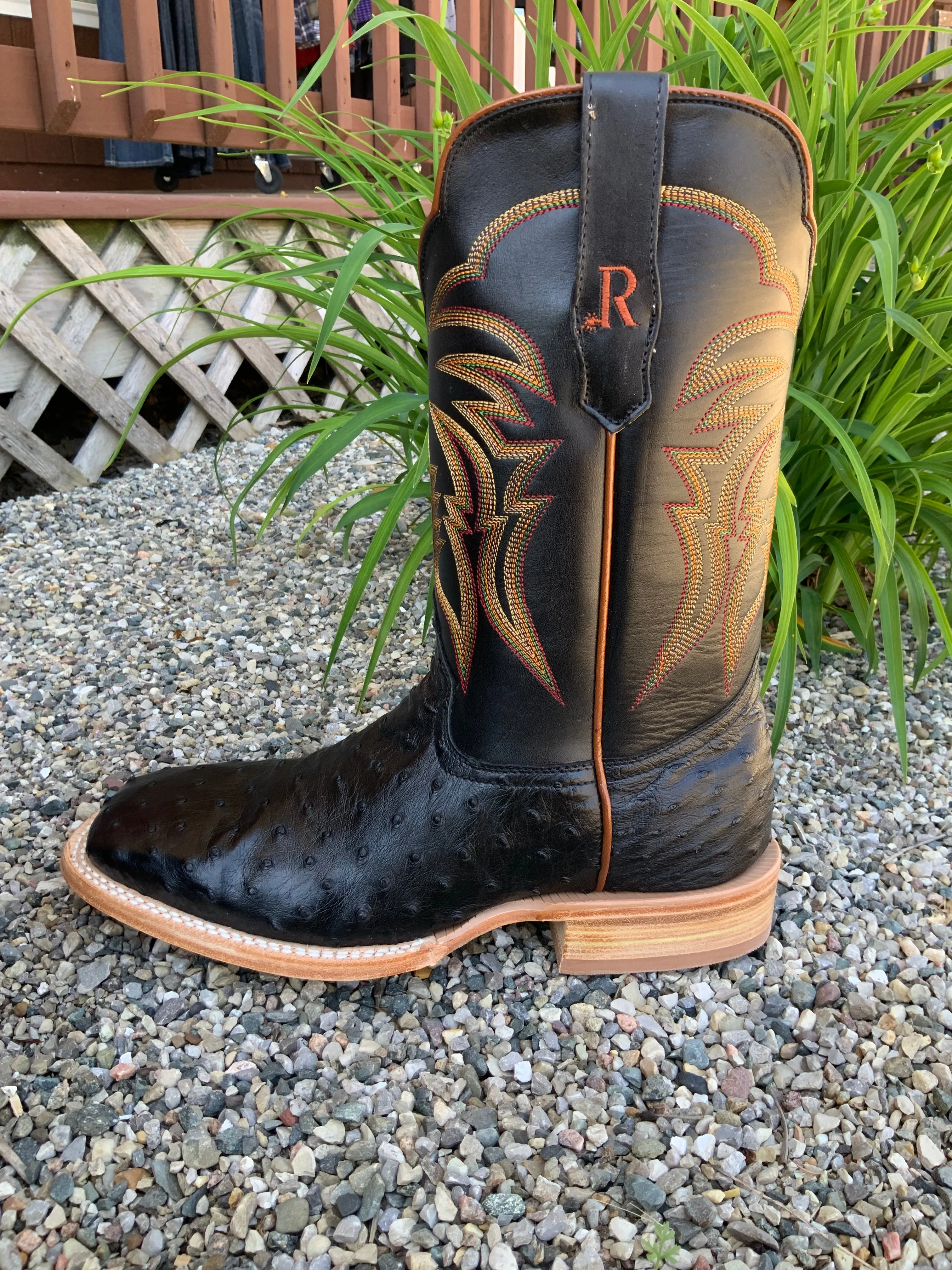 R. Watson Men's Black Full Quill Ostrich Wide Square Toe Western Cowboy Boots RW4507-2