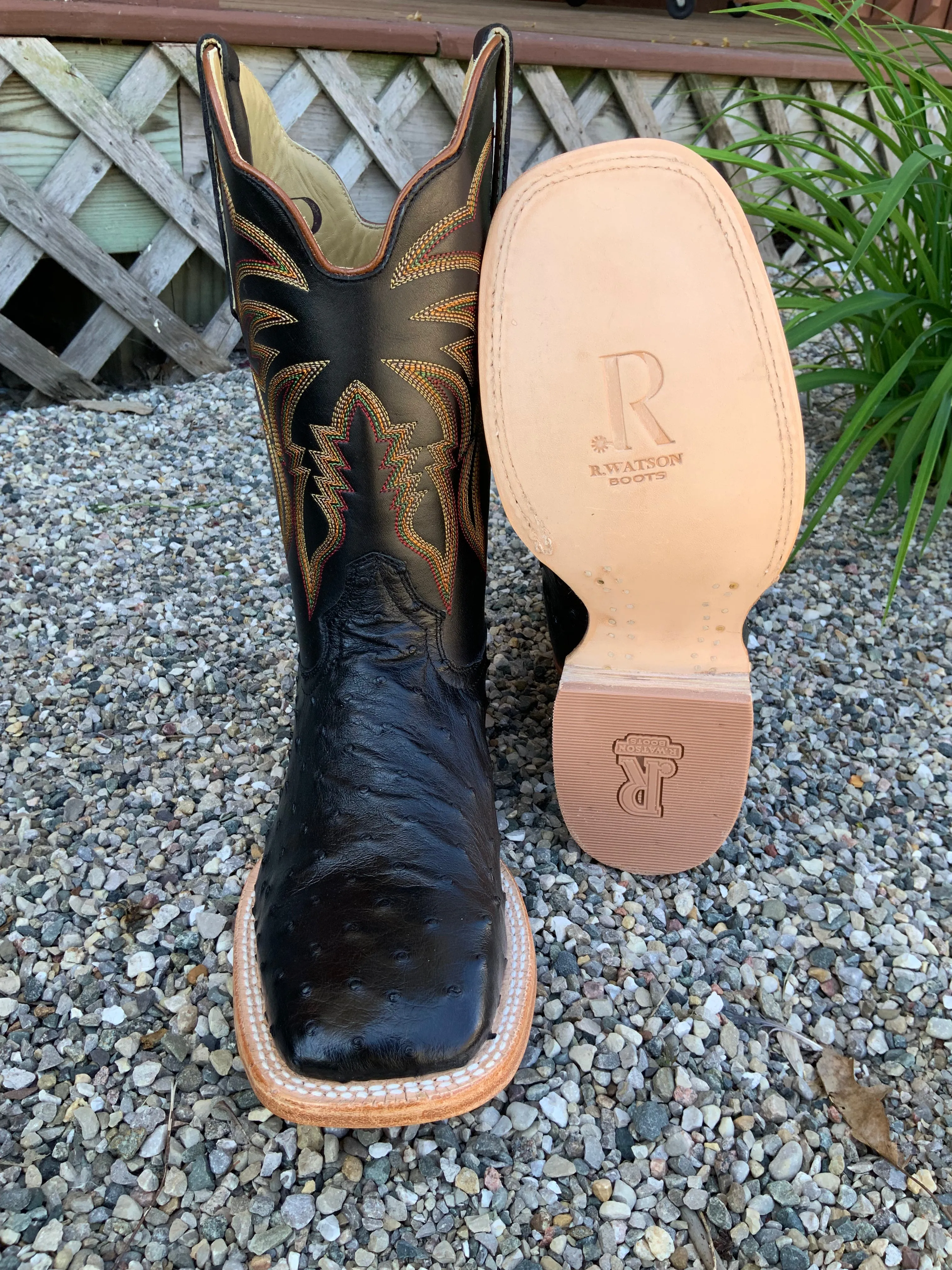 R. Watson Men's Black Full Quill Ostrich Wide Square Toe Western Cowboy Boots RW4507-2