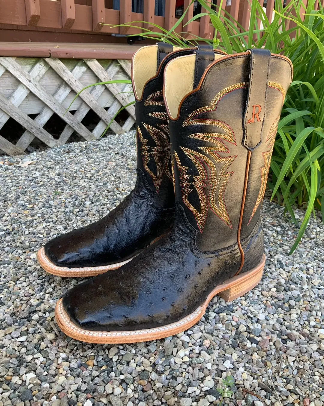 R. Watson Men's Black Full Quill Ostrich Wide Square Toe Western Cowboy Boots RW4507-2
