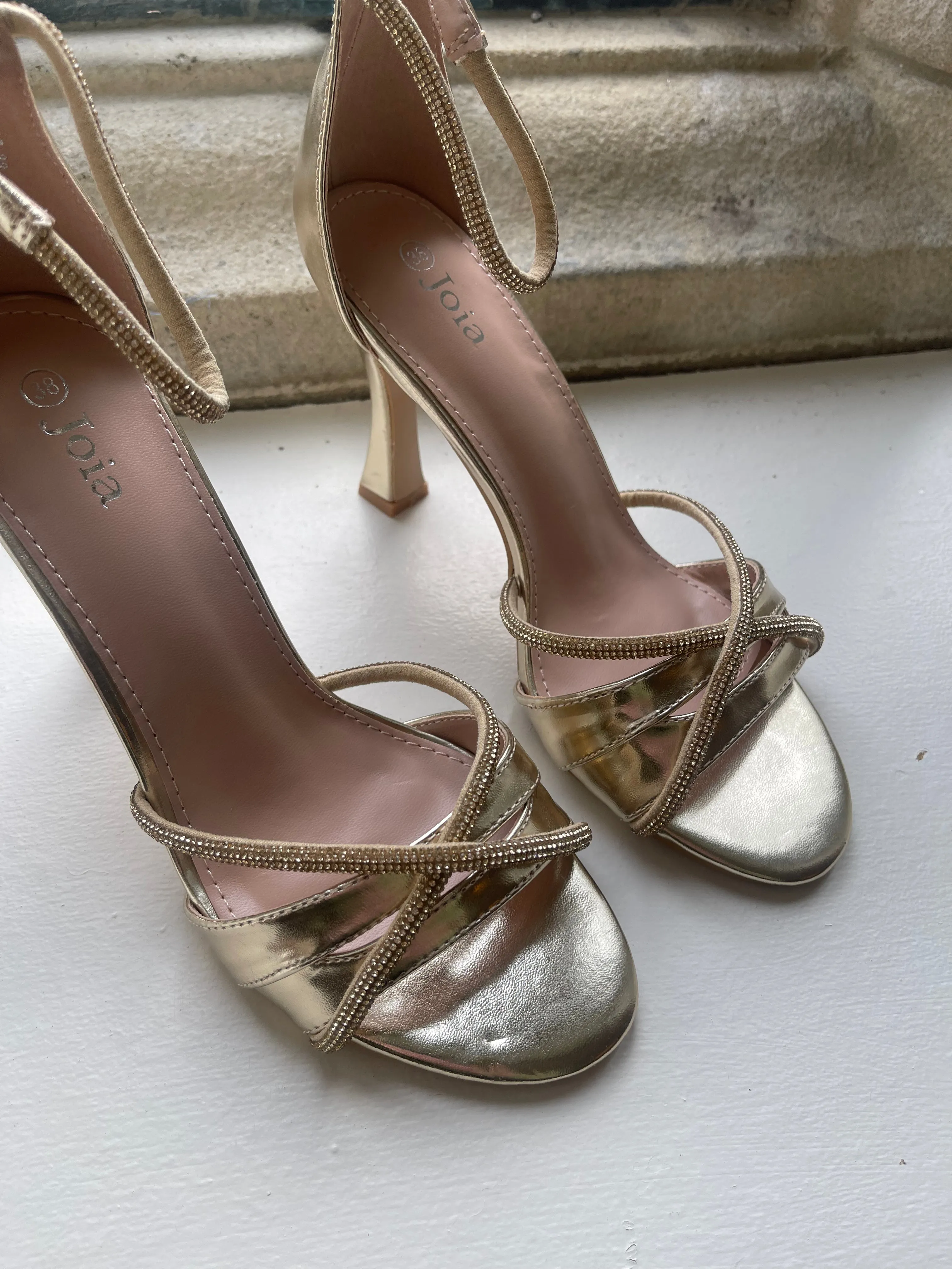 Raelle Gold Diamante Strappy Stiletto Sandals