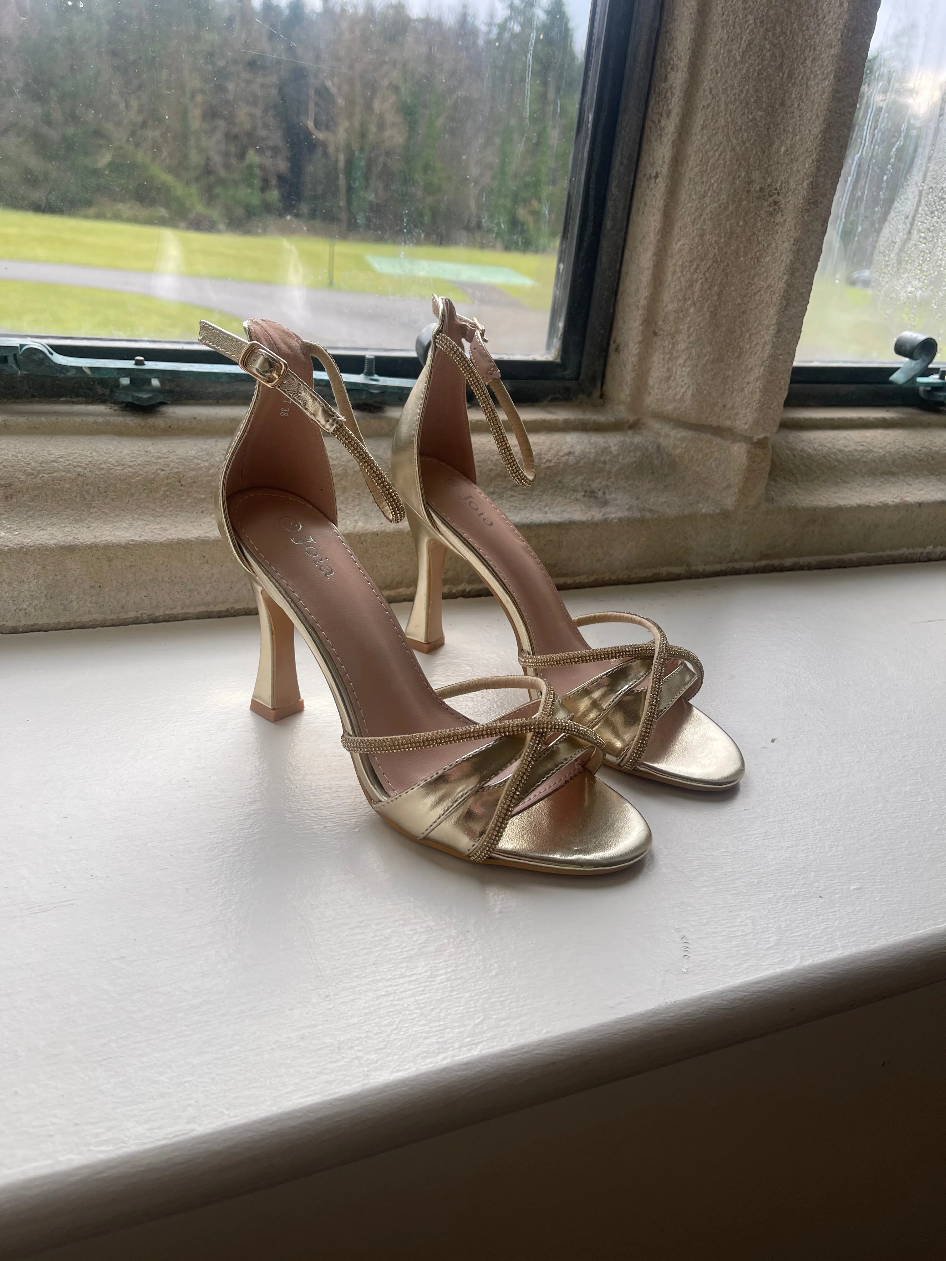Raelle Gold Diamante Strappy Stiletto Sandals