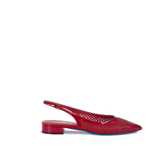 Red patent leather flat slingback pumps
