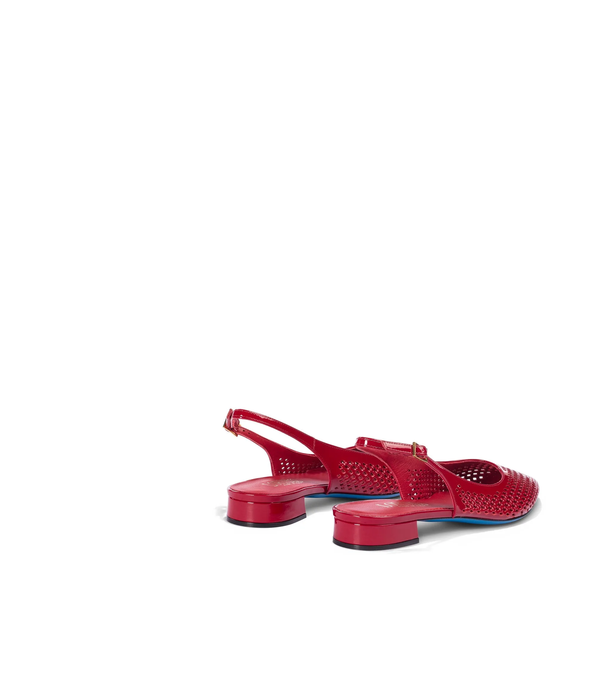 Red patent leather flat slingback pumps