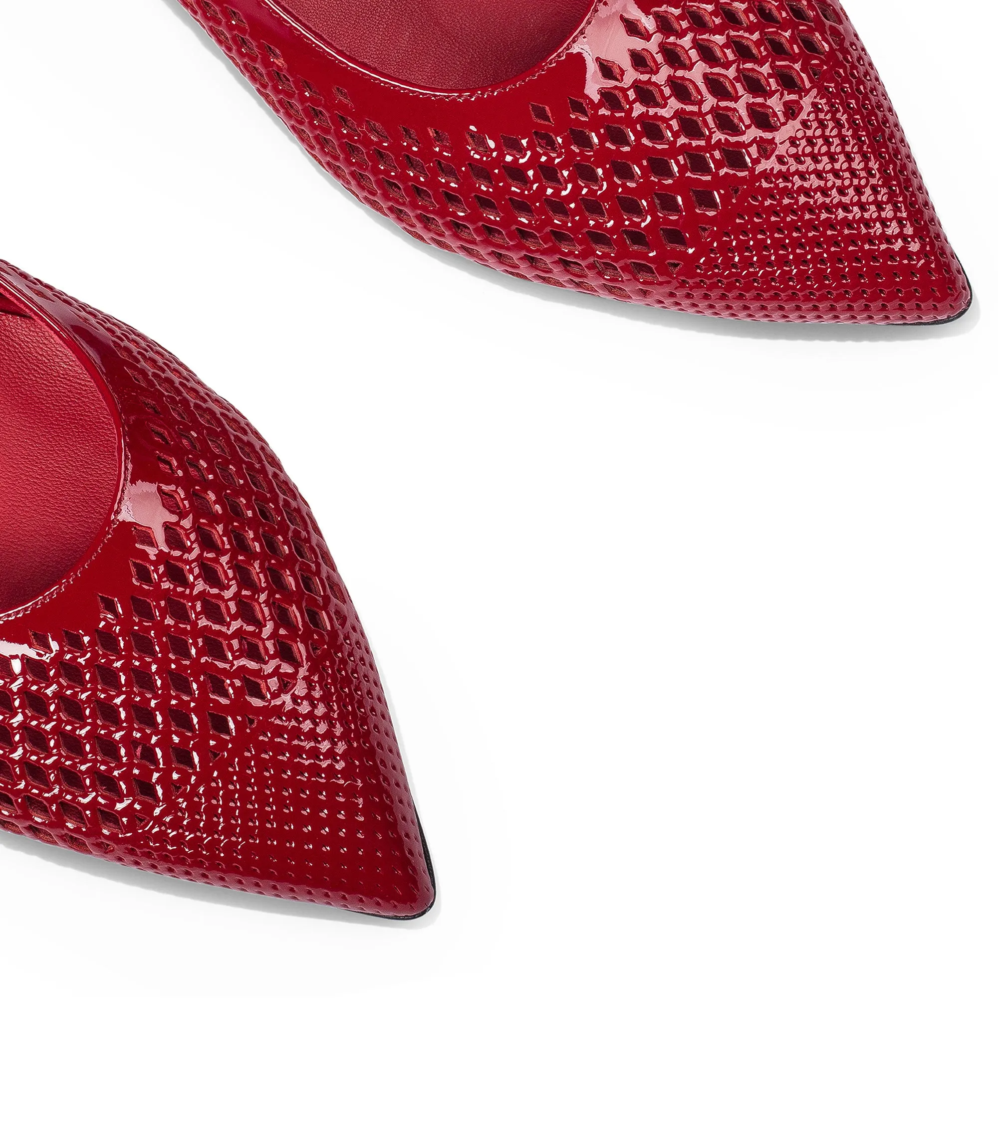Red patent leather flat slingback pumps
