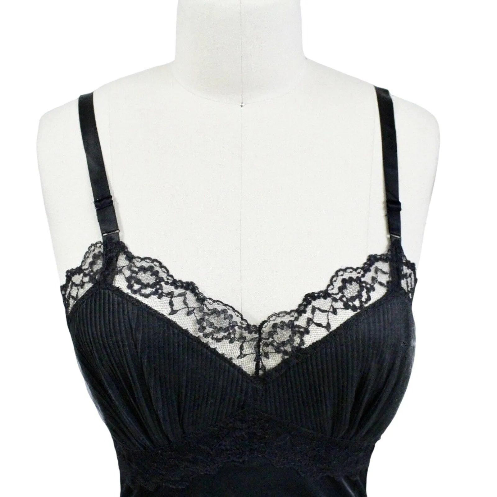 Retro Black Enka Nylon Full Dress Slip Crystal Pleated Chiffon NOS SZ 34 & 36