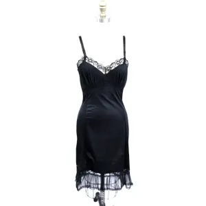 Retro Black Enka Nylon Full Dress Slip Crystal Pleated Chiffon NOS SZ 34 & 36