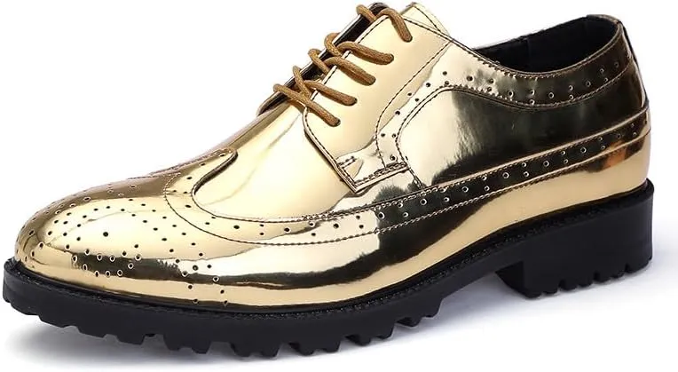 Santimon Glitter Shoes for Men Wingtip Perforated Flashing Party Dress Lace-up Metallic Oxfords Shoes