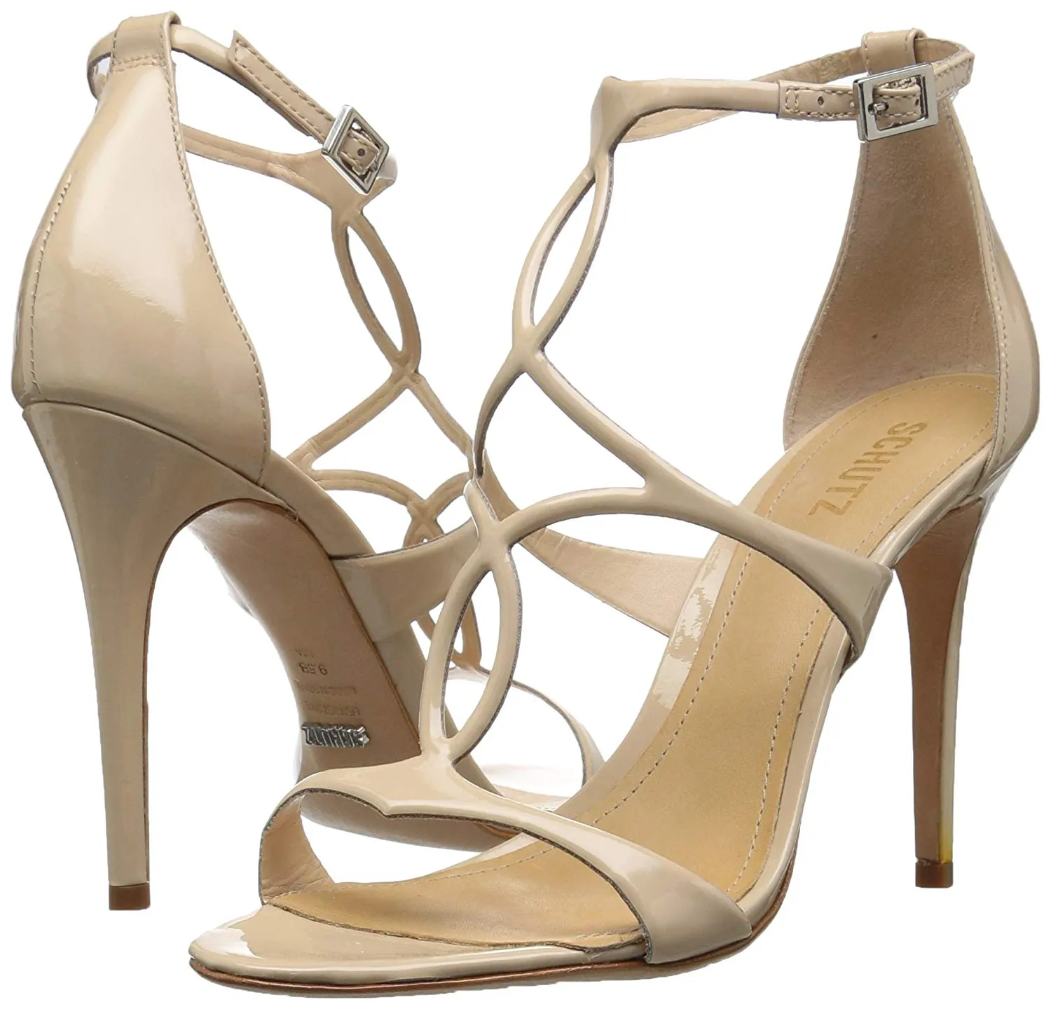 SCHUTZ Rania Tanino Nude Silngle Sole High Heel Patent Leather T-strap Pumps