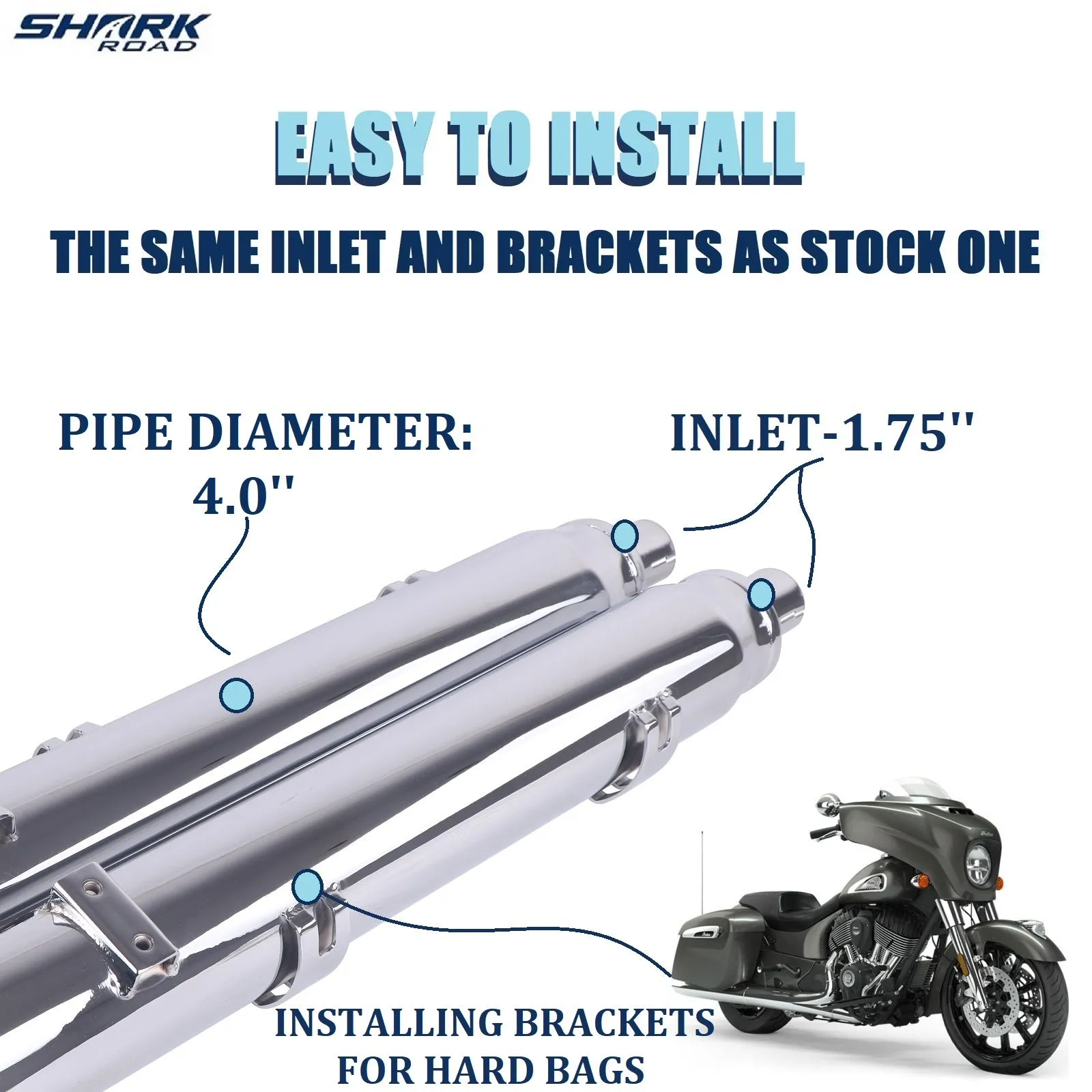 Sharkroad 4“ Slip On Mufflers Exhaust for Indian 2014-2023 Chief