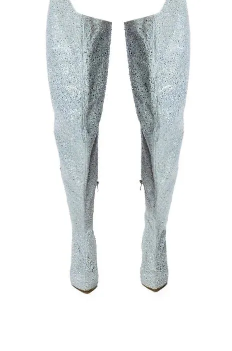Silver Rhinestone Embellished Thigh High Boots Crystal High Heel Chap Pants Boots Pointy Over The Knee Boots
