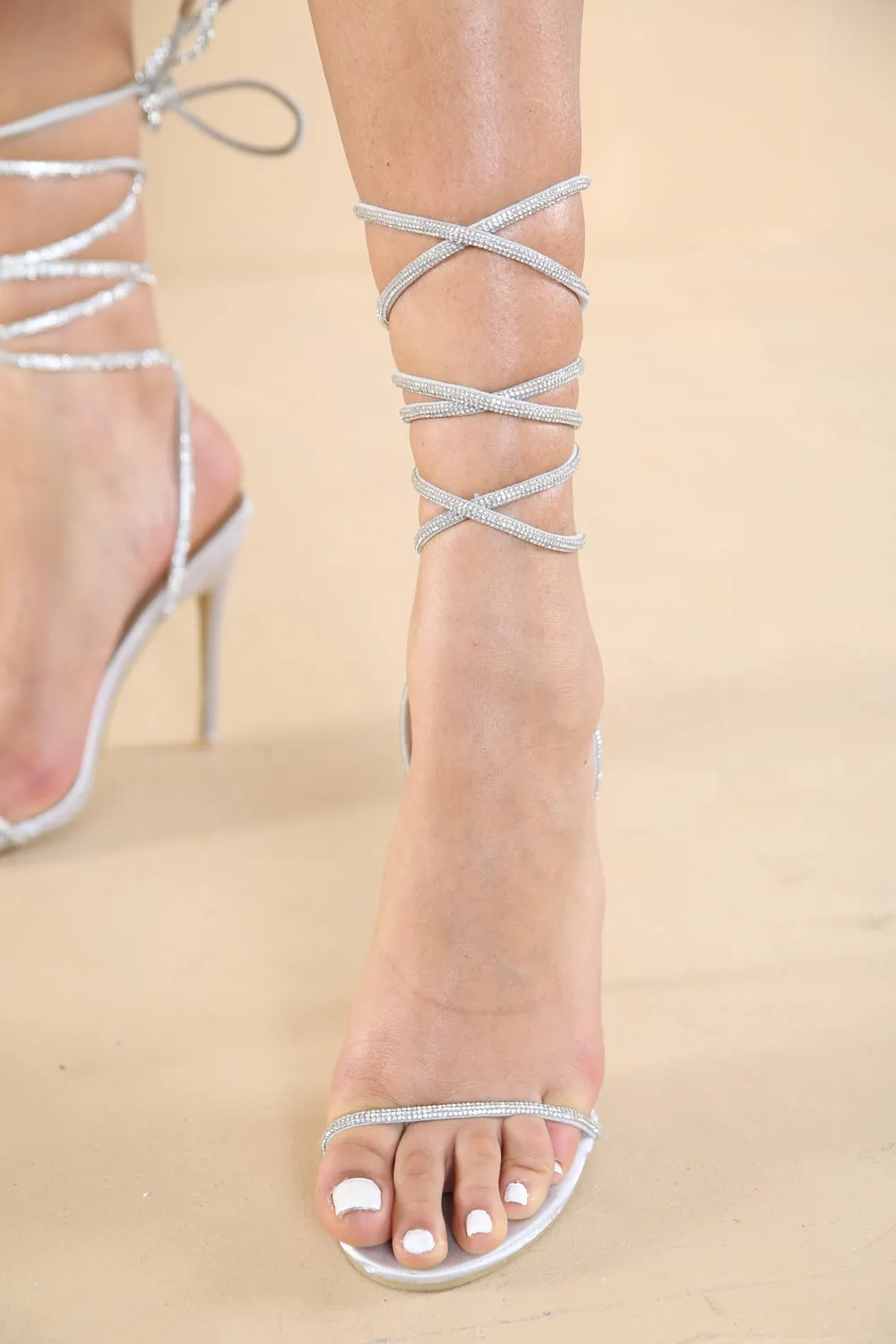 SILVER SATIN LACE UP HEELS WITH FRONT STRAP AND DIAMANTE DETAIL