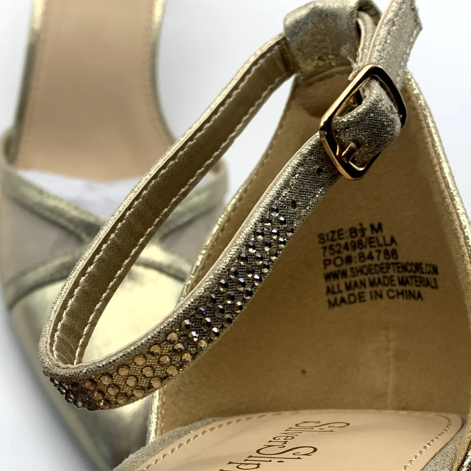 SLILVER SLIPPER Women's Gold Ella Pointed-Toe Ankle-Strap Rhinestone Heels SZ8.5