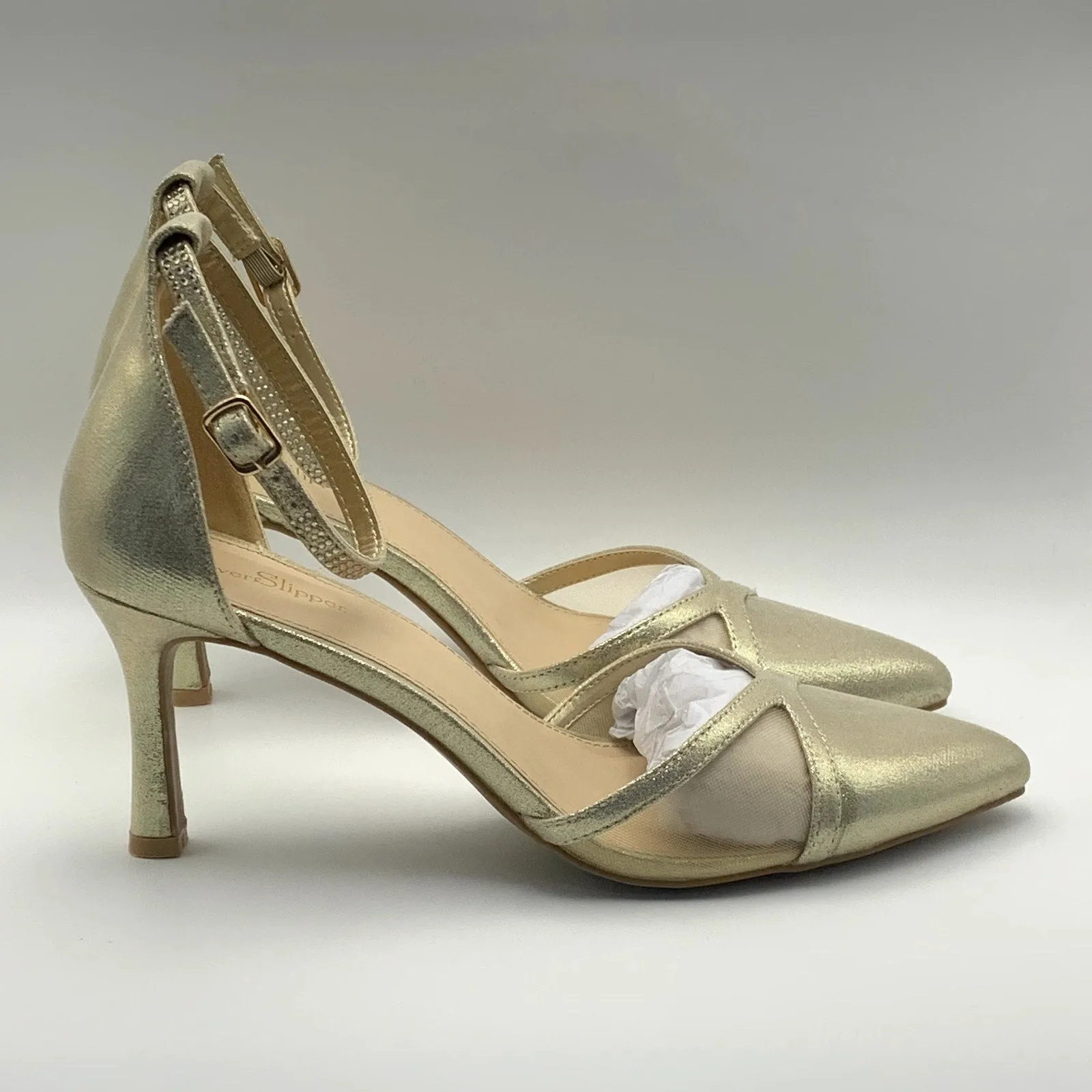 SLILVER SLIPPER Women's Gold Ella Pointed-Toe Ankle-Strap Rhinestone Heels SZ8.5