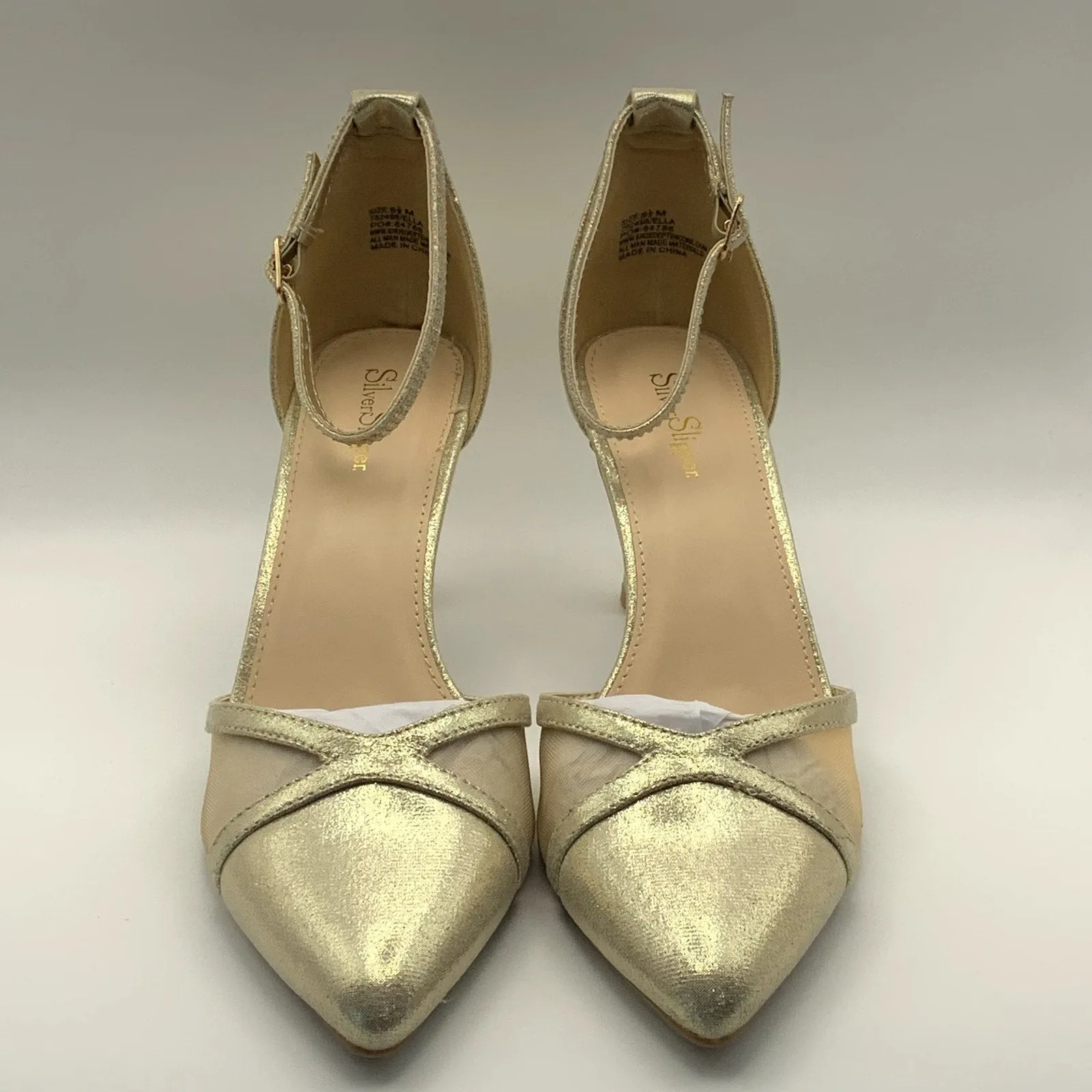 SLILVER SLIPPER Women's Gold Ella Pointed-Toe Ankle-Strap Rhinestone Heels SZ8.5