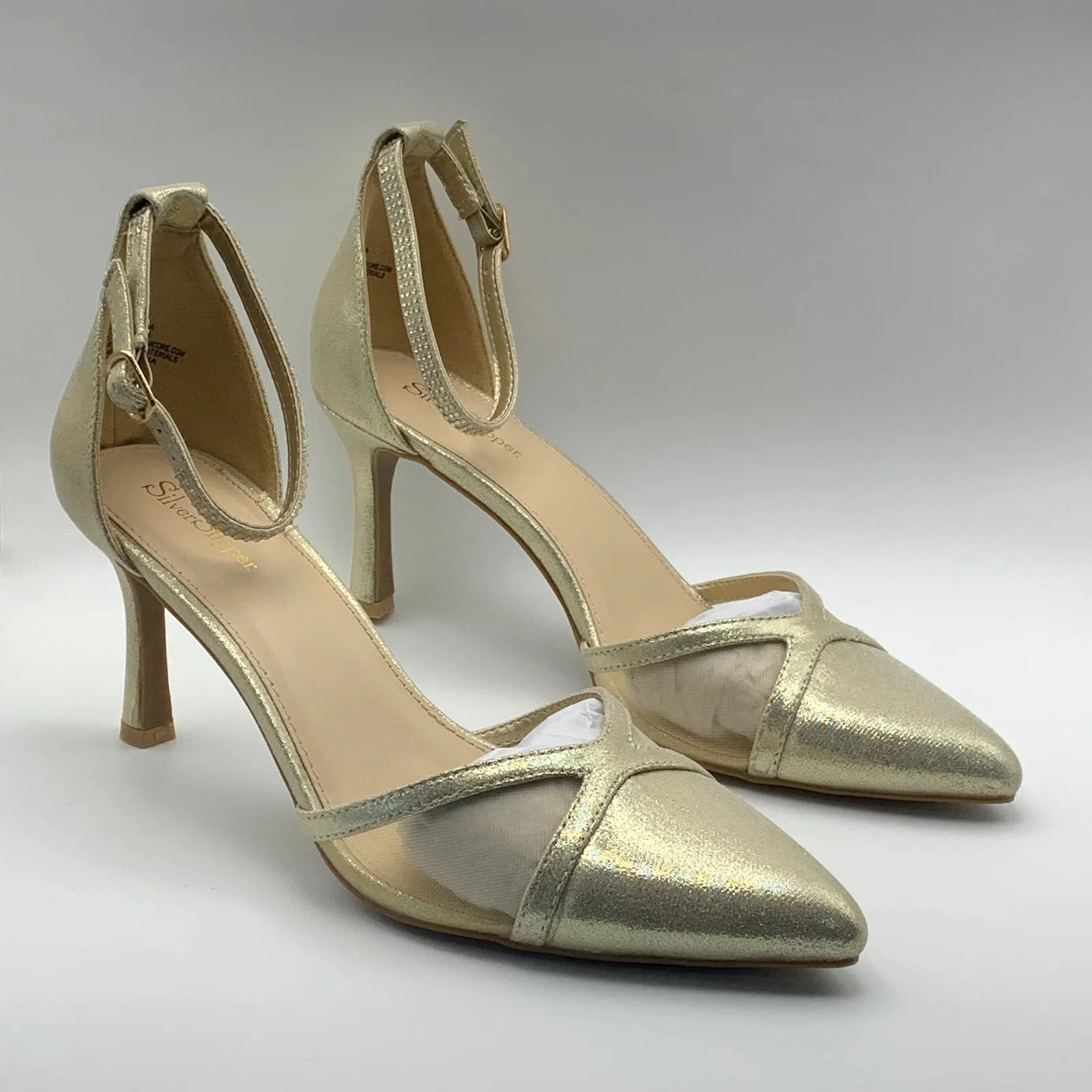 SLILVER SLIPPER Women's Gold Ella Pointed-Toe Ankle-Strap Rhinestone Heels SZ8.5