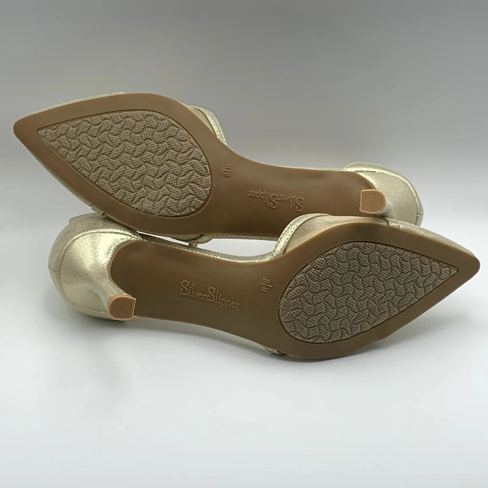 SLILVER SLIPPER Women's Gold Ella Pointed-Toe Ankle-Strap Rhinestone Heels SZ8.5