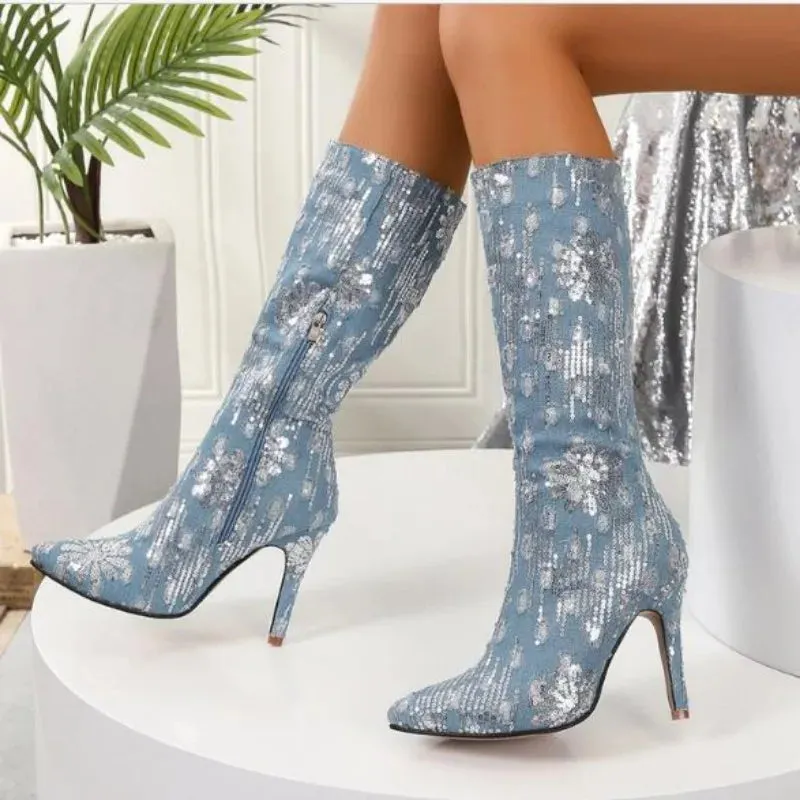 Sohiwoo New Women's Ankle Boots Fashion Pointed Toe Denim Sequin Designer High Heel Boot Elegant Banquet Shoes Plus Size 42
