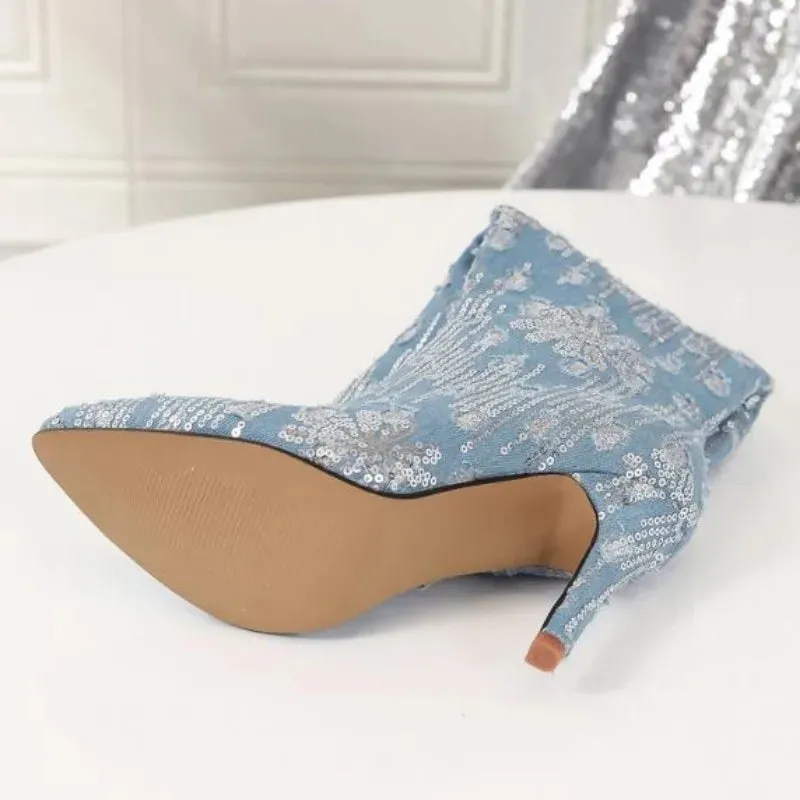 Sohiwoo New Women's Ankle Boots Fashion Pointed Toe Denim Sequin Designer High Heel Boot Elegant Banquet Shoes Plus Size 42