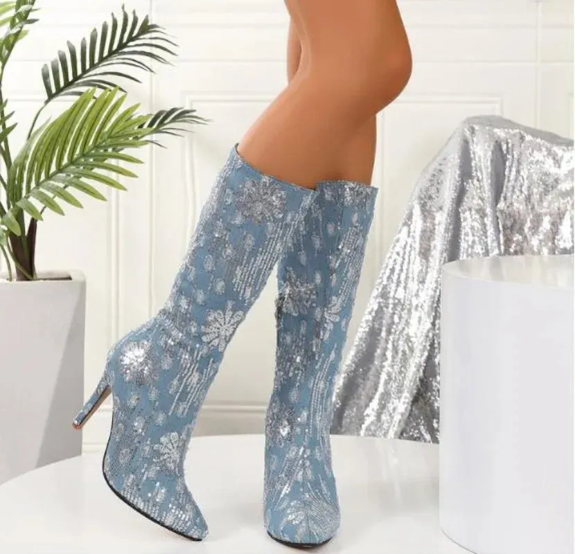 Sohiwoo New Women's Ankle Boots Fashion Pointed Toe Denim Sequin Designer High Heel Boot Elegant Banquet Shoes Plus Size 42