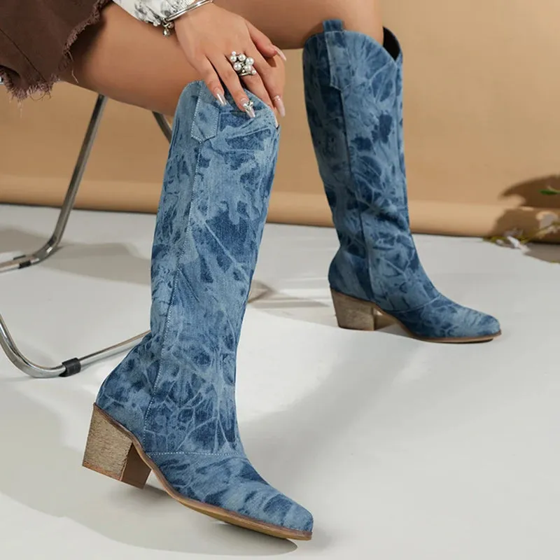 Sohiwoo Thick Heels Knee High Denim Boots Women  Autumn Pointed Toe Blue Long Boots Woman Plus Size 42 Chunky Heeled Cowgirl Shoes
