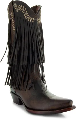 Soto Boots Santa Fe Women's Fringe Cowgirl Boots With Floral Embroidery, Genuine Leather Handcrafted Fashion Cowgirl Boots With Fringe M50035