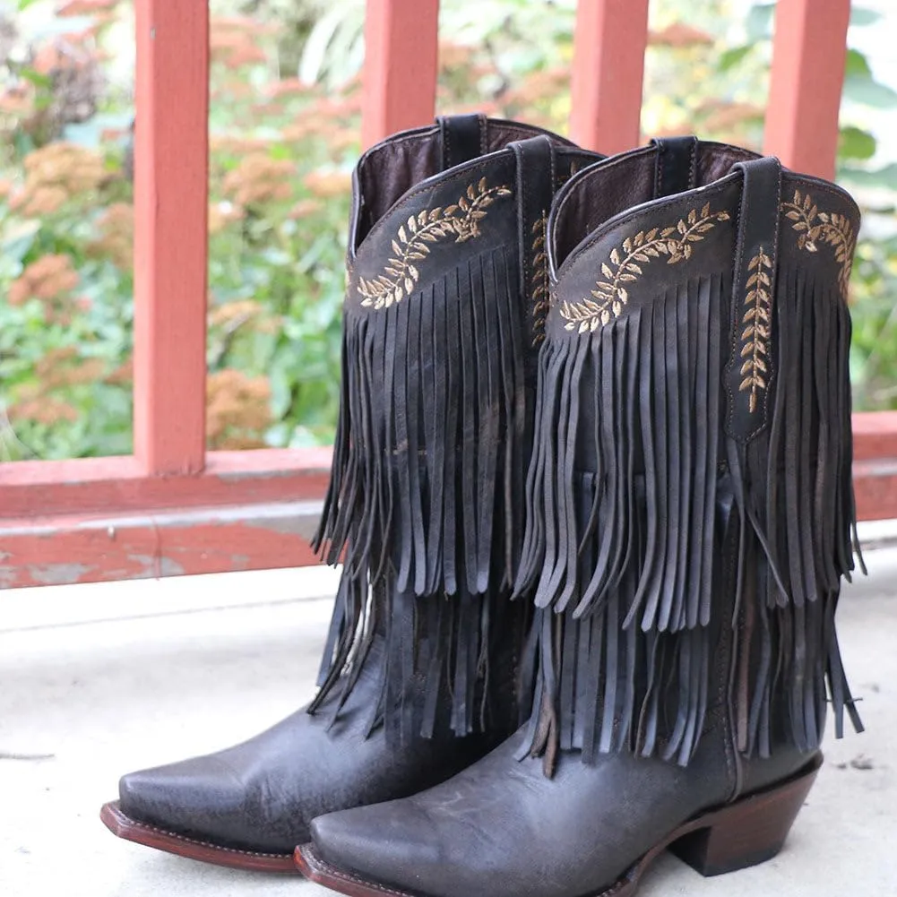 Soto Boots Santa Fe Women's Fringe Cowgirl Boots With Floral Embroidery, Genuine Leather Handcrafted Fashion Cowgirl Boots With Fringe M50035
