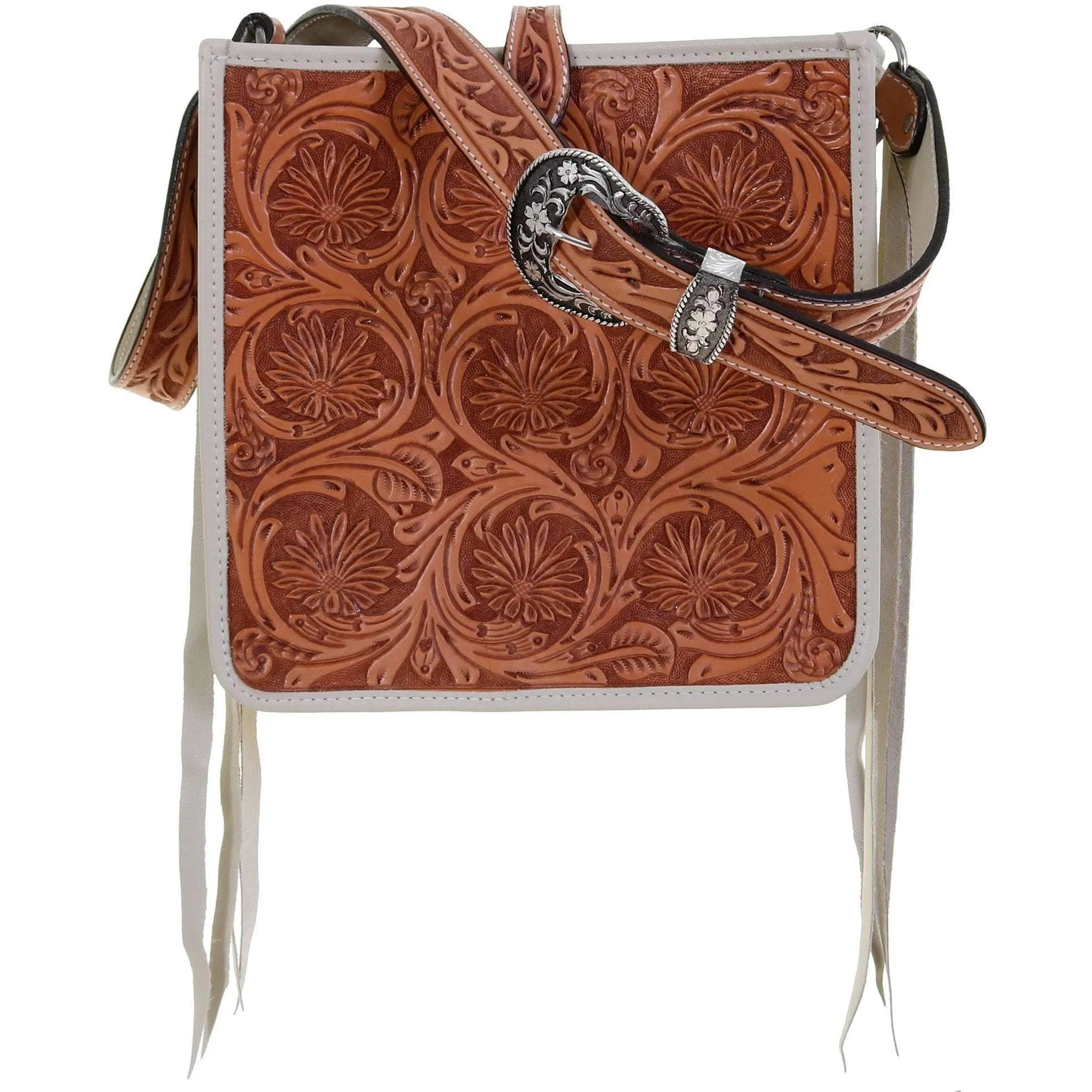 SQT03 - Natural Leather Daisy Tooled Square Tote