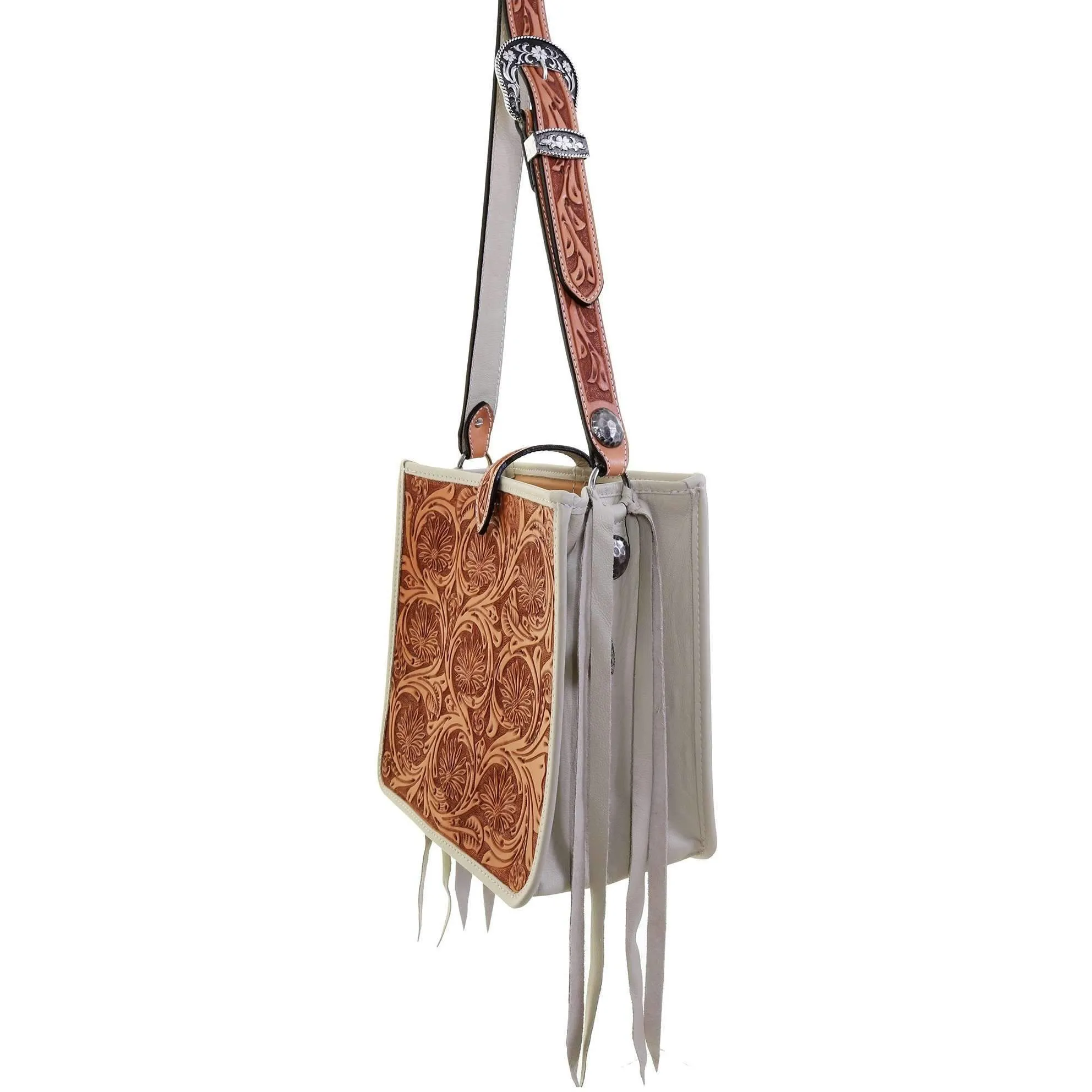 SQT03 - Natural Leather Daisy Tooled Square Tote