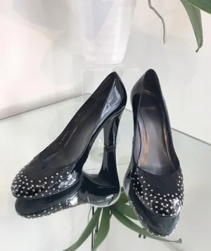STUART WEITZMAN Black Patent Leather Studded Pumps