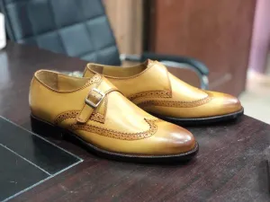 Stylish Men's Handmade Tan Color Leather Monk strap dress Burnished Toe Shoes, custom made leather shoes