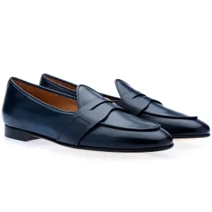 SUPERGLAMOUROUS Tangerine 9 Toledo Men's Shoes Navy Hand-Painted Leather Penny Loafers (SPGM1122)