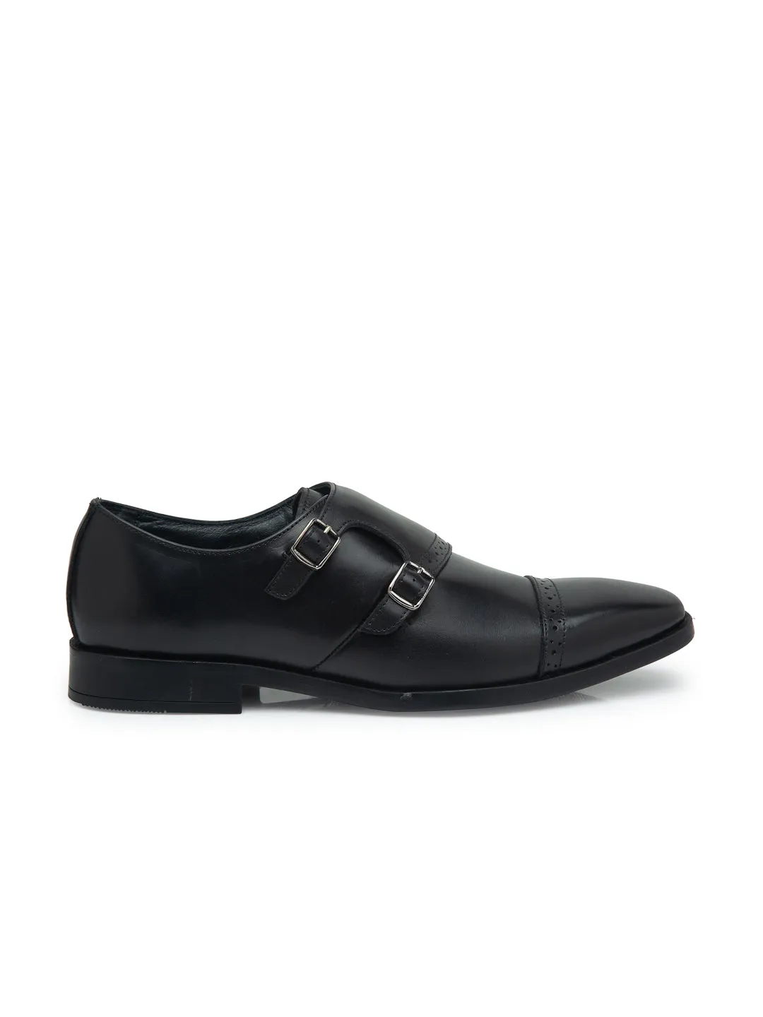 Teakwood Men Genuine Leather Double-Strap Monk Shoes(BLACK)