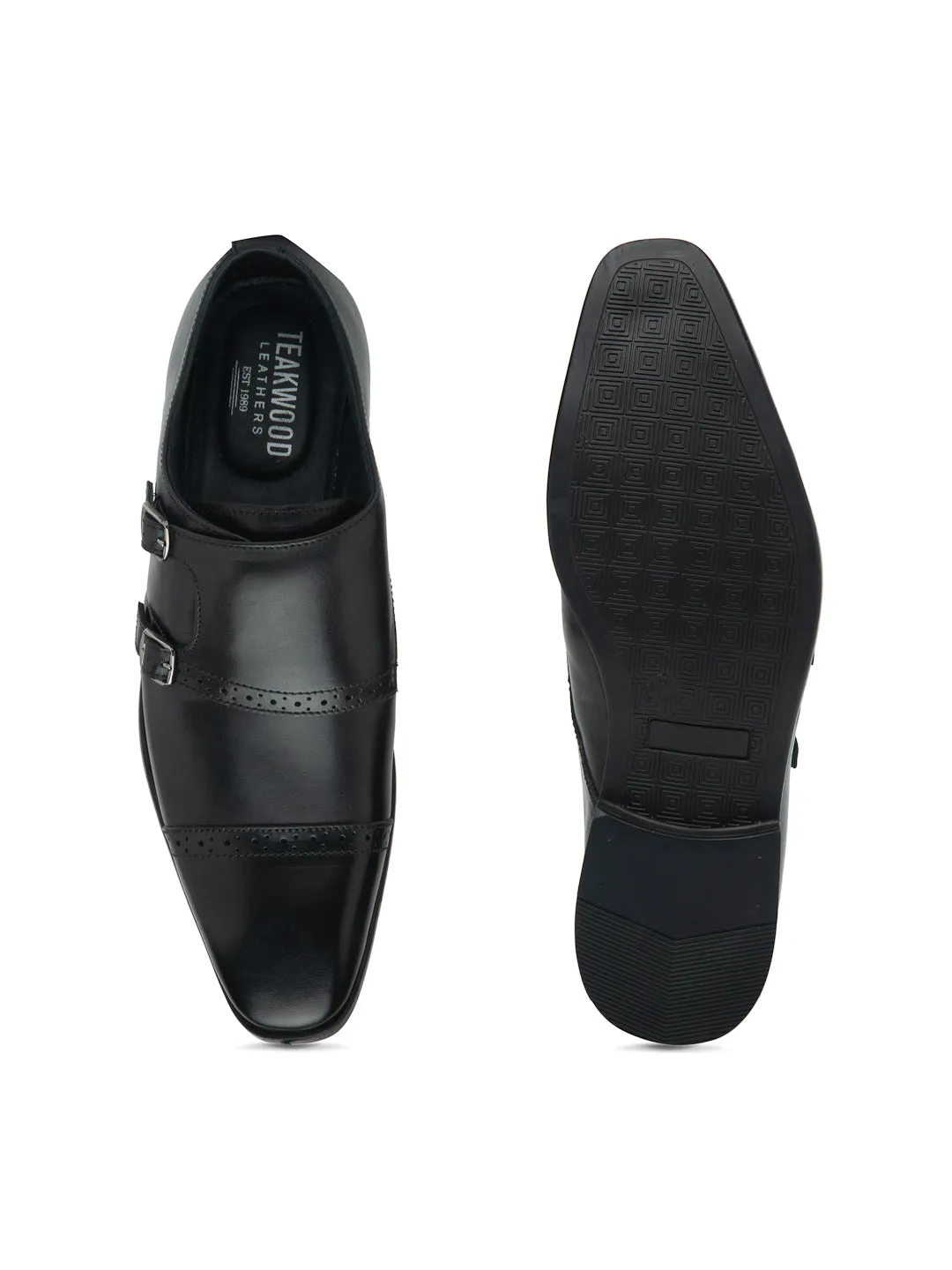 Teakwood Men Genuine Leather Double-Strap Monk Shoes(BLACK)