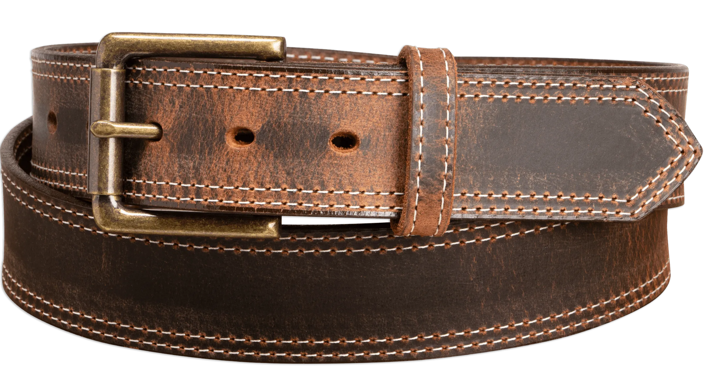The Crazy Horse: Men's Rustic Brown Double Stitched Leather Belt 1.50" (White Colored Thread)