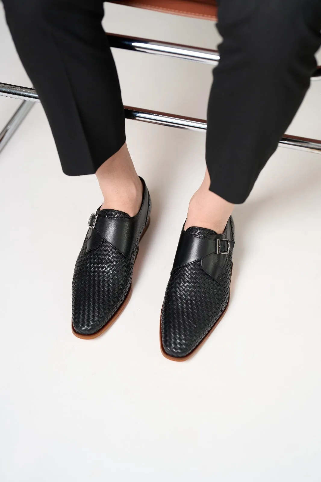 The Rolls  Woven Black Leather Single Monk Strap  Handmade Men Shoe