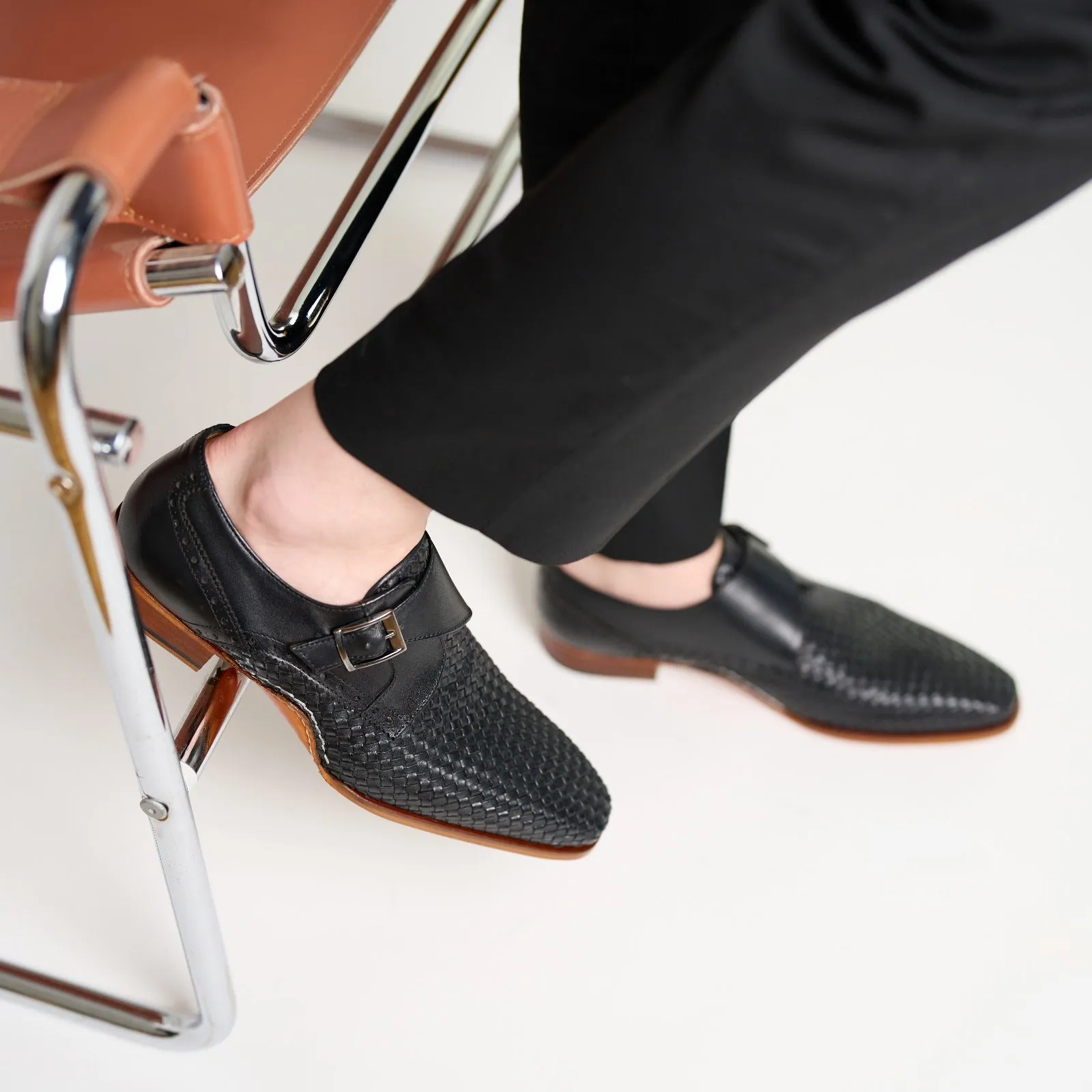 The Rolls  Woven Black Leather Single Monk Strap  Handmade Men Shoe
