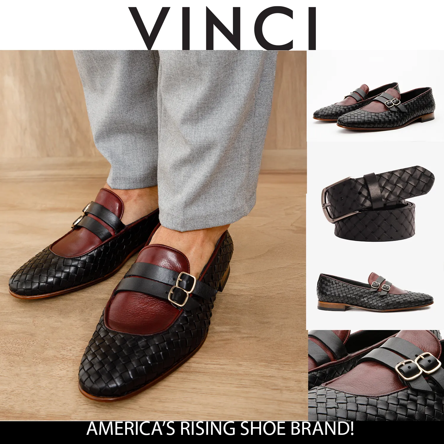 The Vatra Black & Burgundy Woven Double Monk Strap Men Shoe