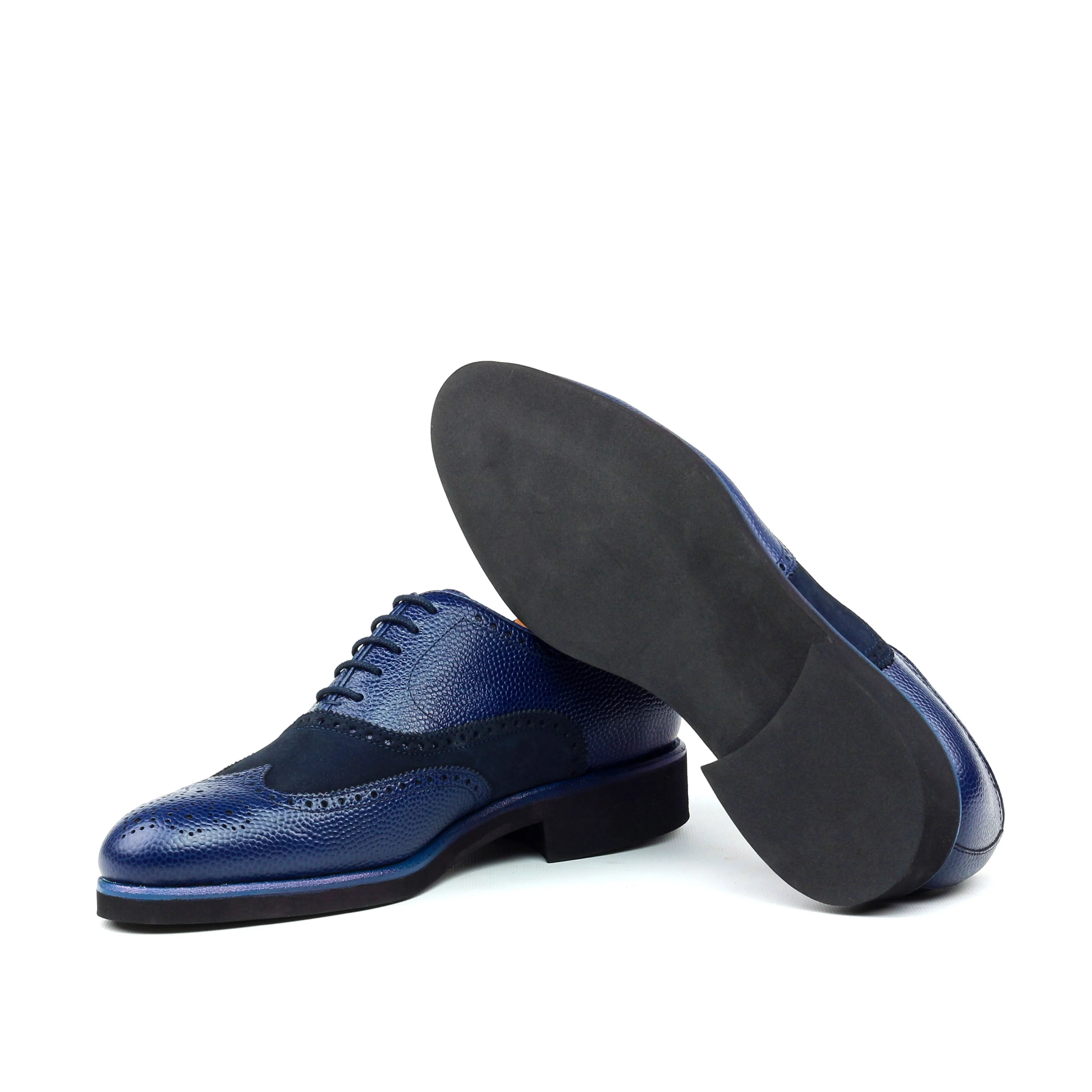 Unique Handcrafted Pebble Grain Navy Wingtip Oxford w/ Full Brogue