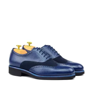 Unique Handcrafted Pebble Grain Navy Wingtip Oxford w/ Full Brogue