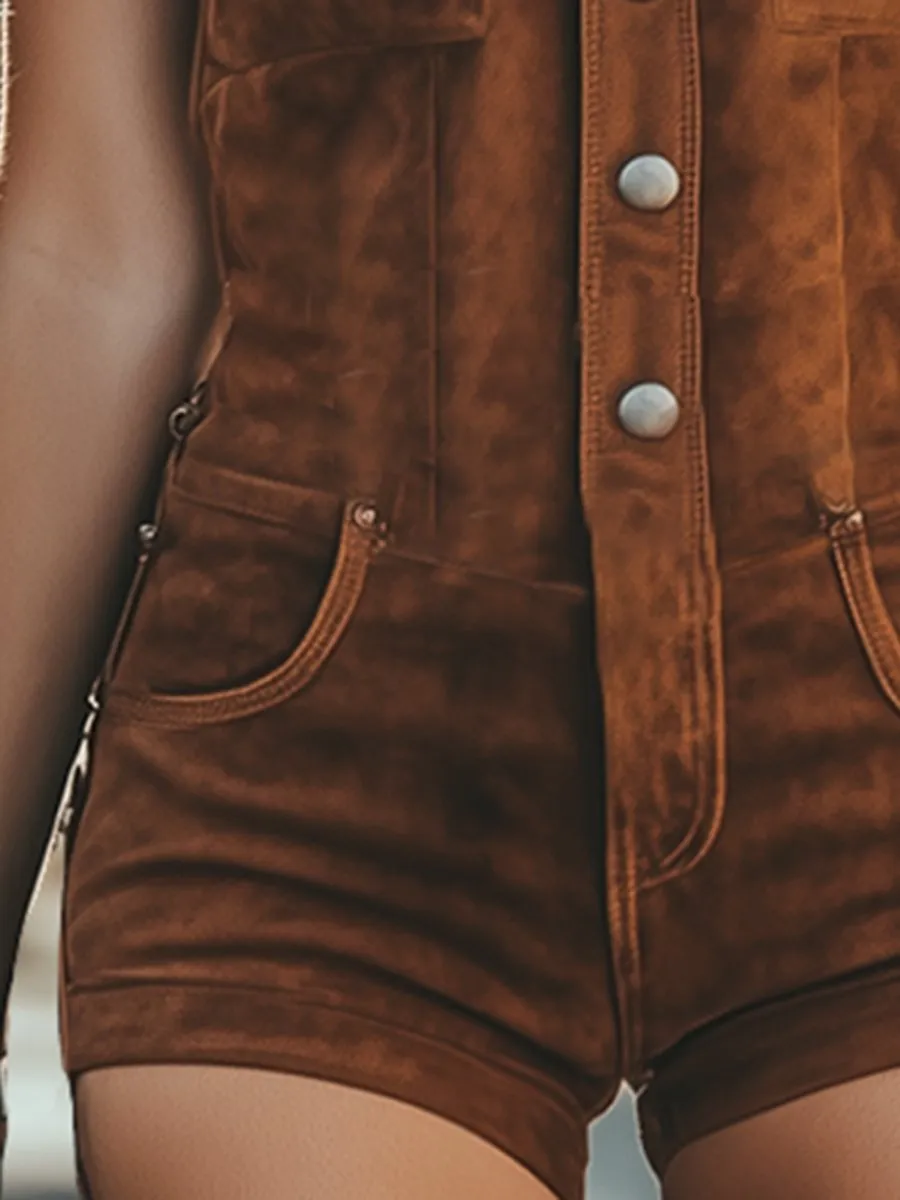 Vintage Western Tassel Brown Suede Vest Shorts Jumpsuit