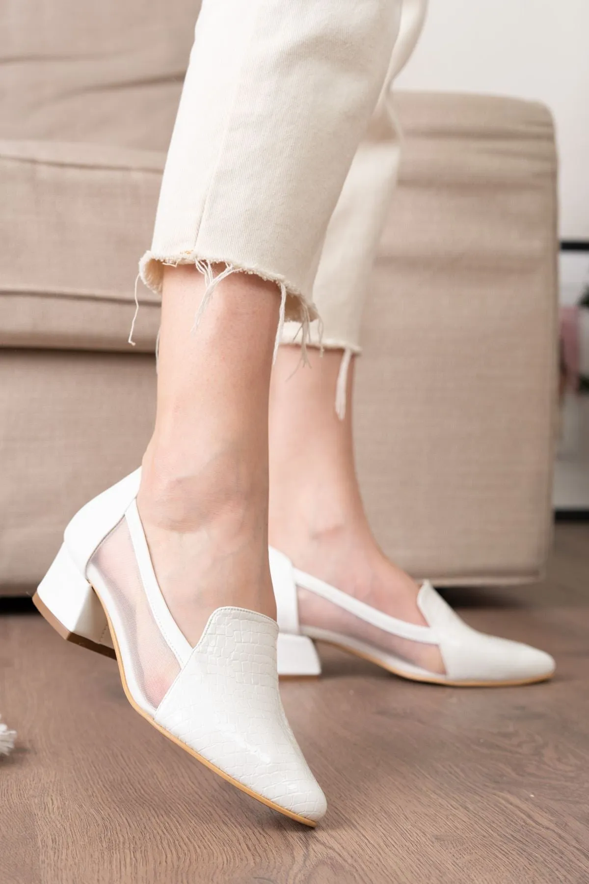 White Crocodile - Suede Heeled Women's Shoes