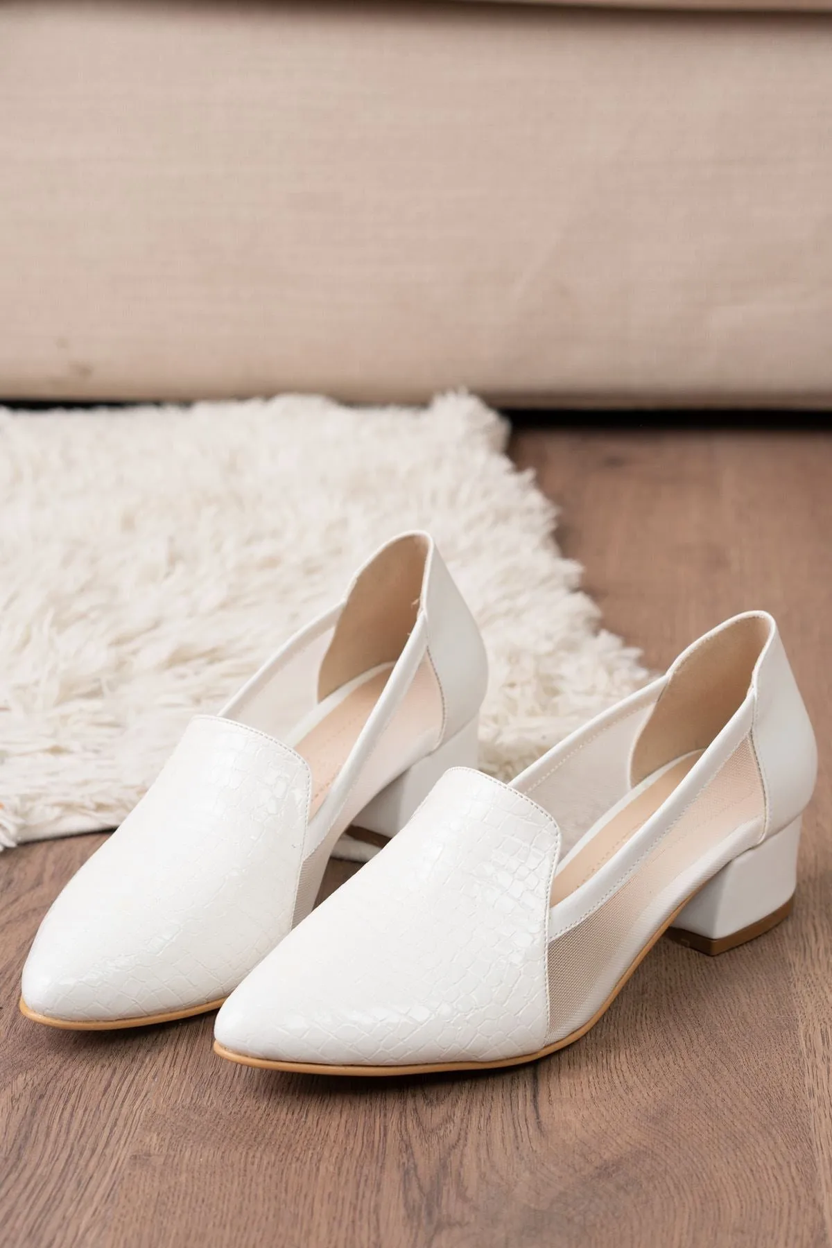White Crocodile - Suede Heeled Women's Shoes