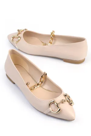 Women's Ballerina Chain Buckle Beige Leather