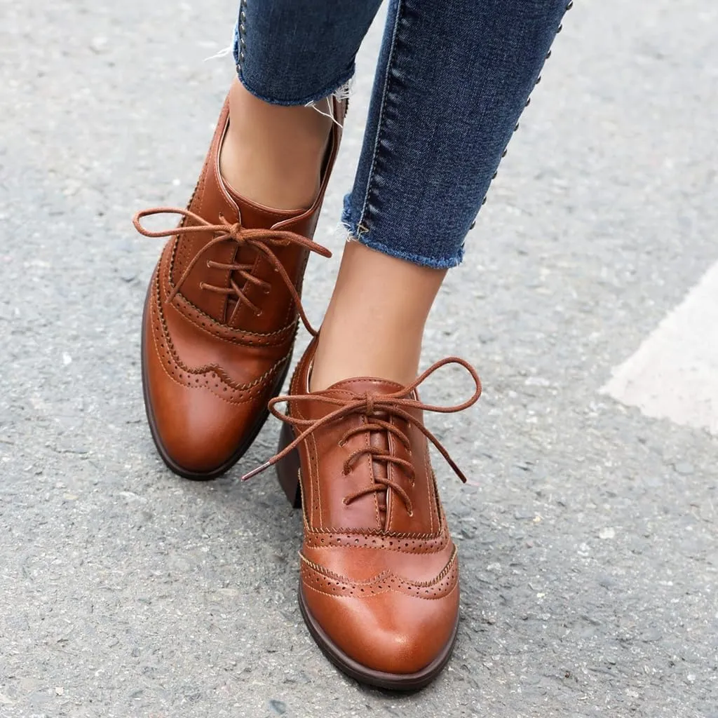 Women's Flat Saddle Oxford Shoes Round Toe Wingtip Lace Up Low Heel Perforated School Uniform Oxfords Brogues