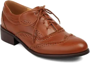 Women's Flat Saddle Oxford Shoes Round Toe Wingtip Lace Up Low Heel Perforated School Uniform Oxfords Brogues